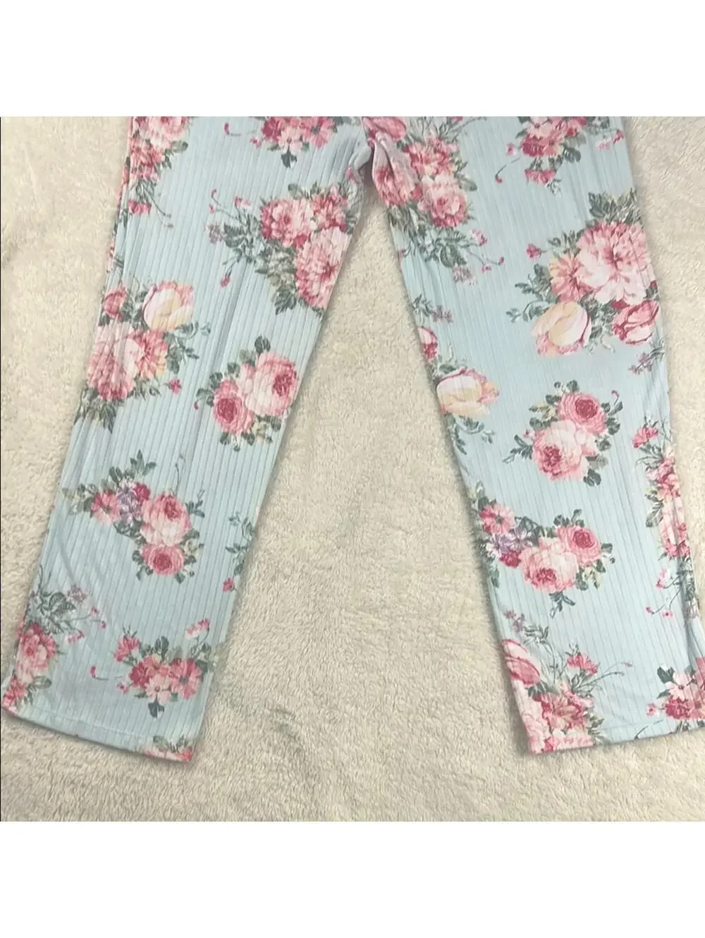 Flora Nikrooz Blue Floral Ribbed 2 Piece Pajama Set SZ Med Soft Lounge Sleepwear